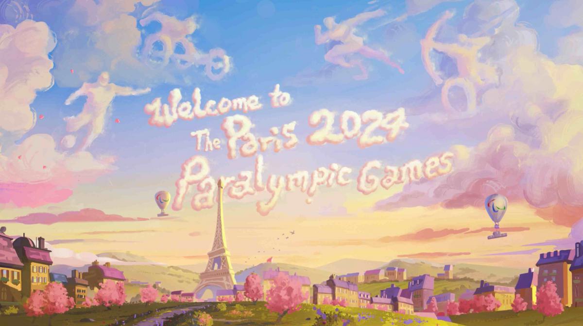 An animation image shows a town with the Eiffel Tower. Clouds forming above say "Welcome to the Paris 2024 Paralympic Games" 